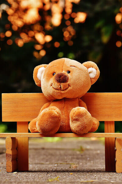 Brown teddy bear on brown wooden bench outside